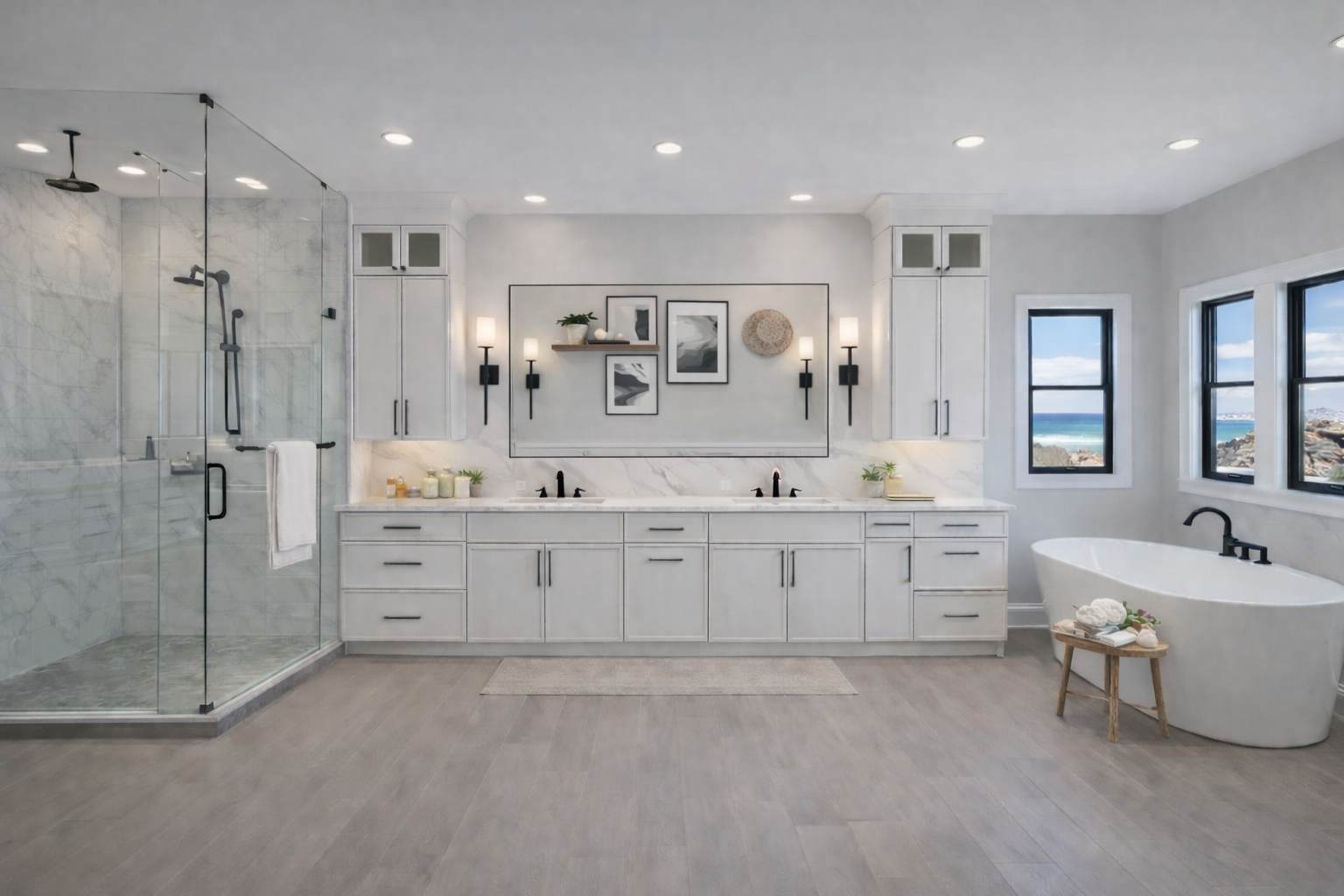 Modern bathroom featuring a custom slim dove white double vanity, dual rectangular mirrors, wall sconces, and a freestanding bathtub.