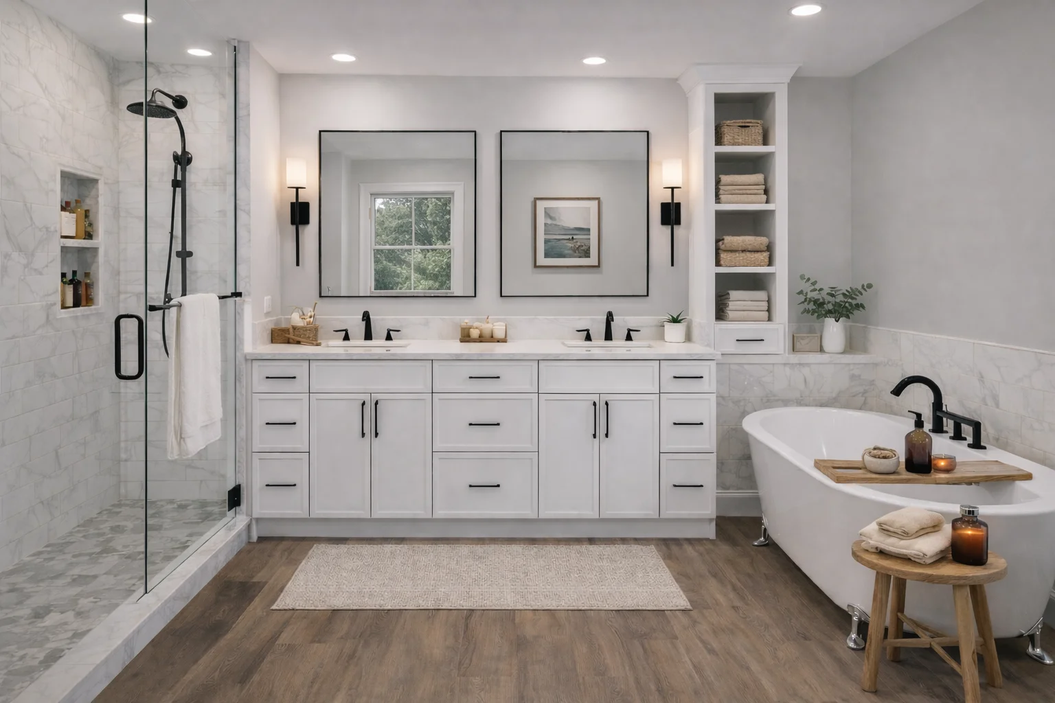 Bright modern bathroom featuring a custom slim dove white double vanity with an integrated tall center cabinet, dual mirrors, and white countertops.
