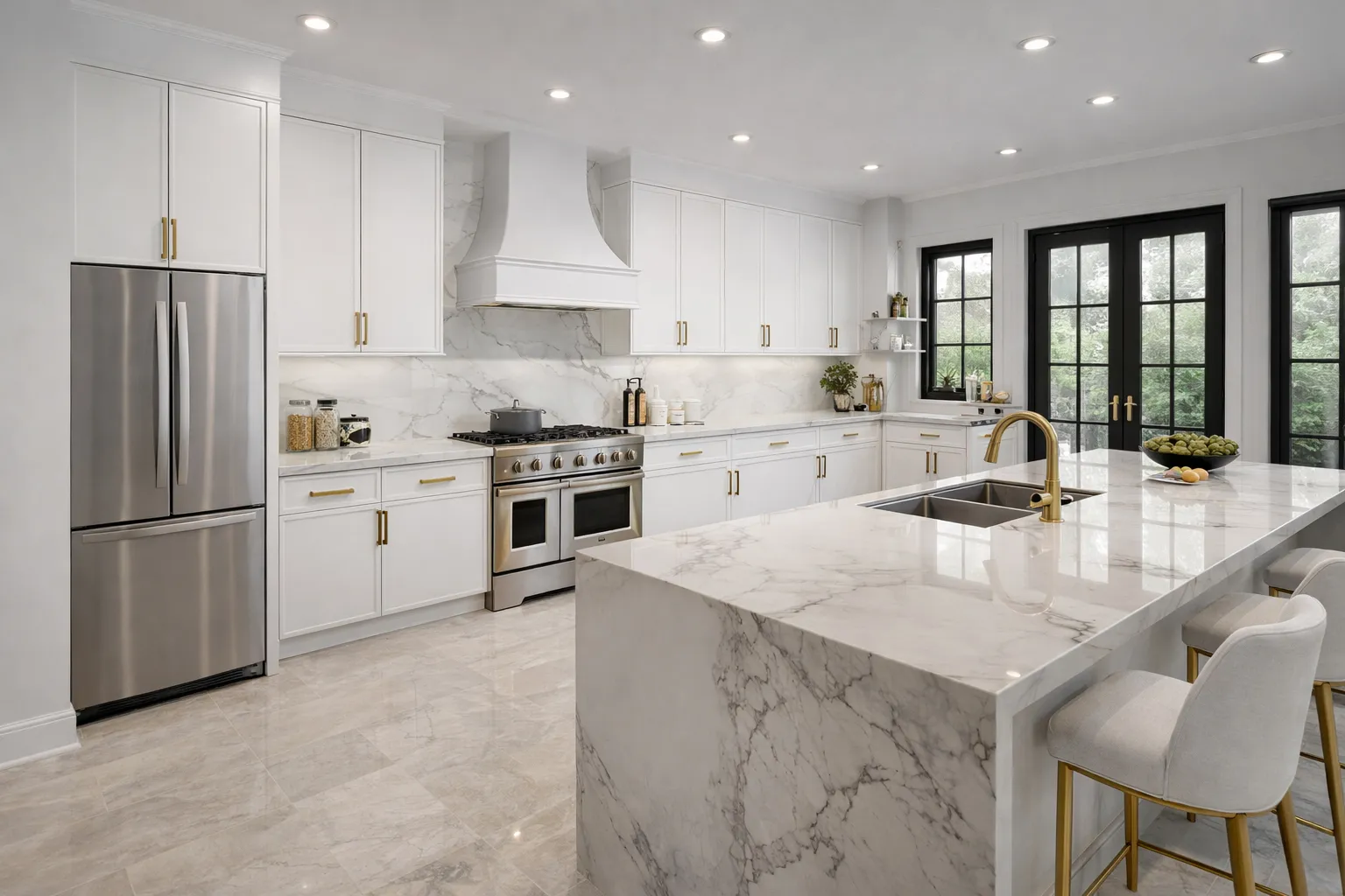 Bright modern kitchen featuring custom slim dove white shaker cabinets, white countertops, and an integrated refrigerator.
