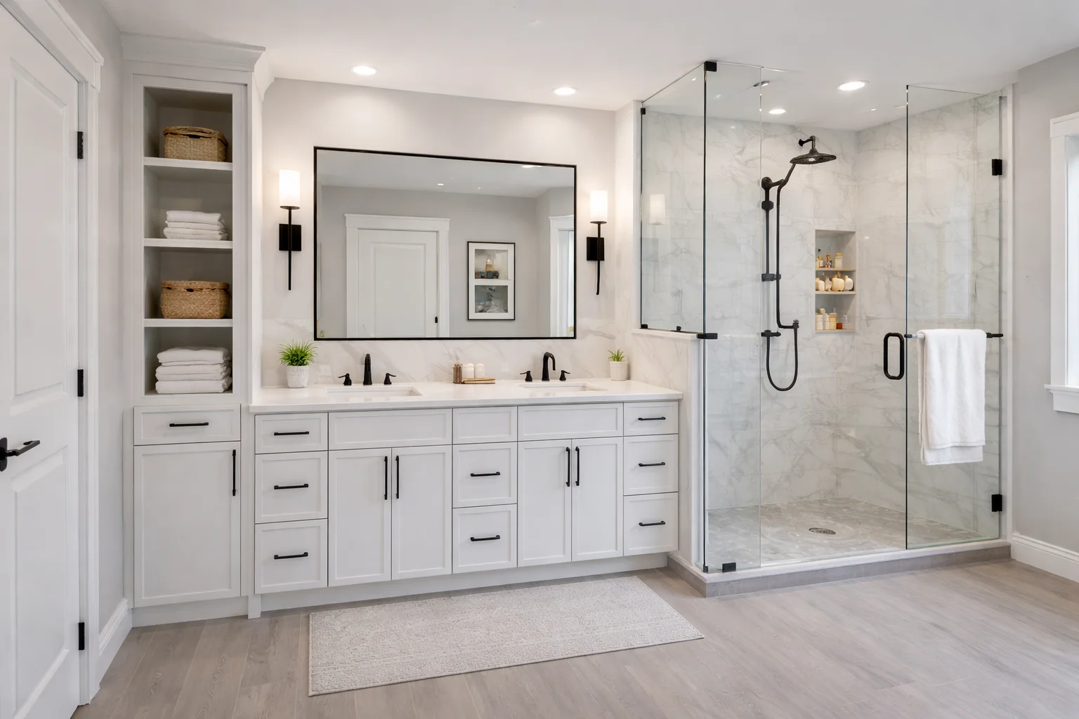 Bright modern bathroom featuring a custom slim dove white double vanity with silver hardware, white countertop, large mirror, and a glass-enclosed walk-in shower.