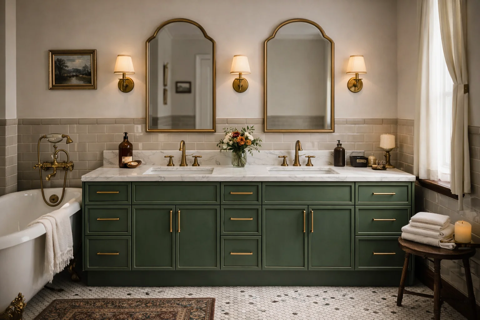 Bright modern bathroom featuring a custom slim green double vanity with gold hardware, a white countertop, dual gold-framed arched mirrors, brass wall sconces, and a freestanding bathtub next to a window.