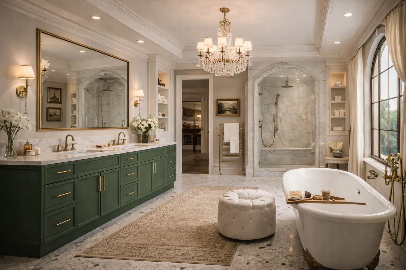 Luxurious modern bathroom featuring a custom slim green double vanity with gold hardware, a white countertop, a massive mirror, a freestanding bathtub beneath a crystal chandelier, and a large glass-enclosed walk-in shower.