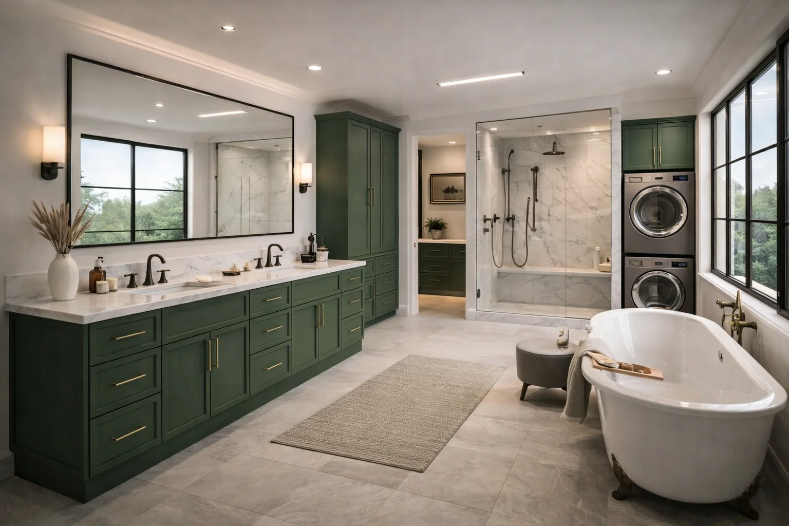 Bright modern bathroom featuring a custom slim green double vanity with gold hardware, a white countertop, a large black-framed mirror, a glass-enclosed walk-in shower, integrated green cabinetry housing a stacked washer and dryer, and a freestanding bathtub.