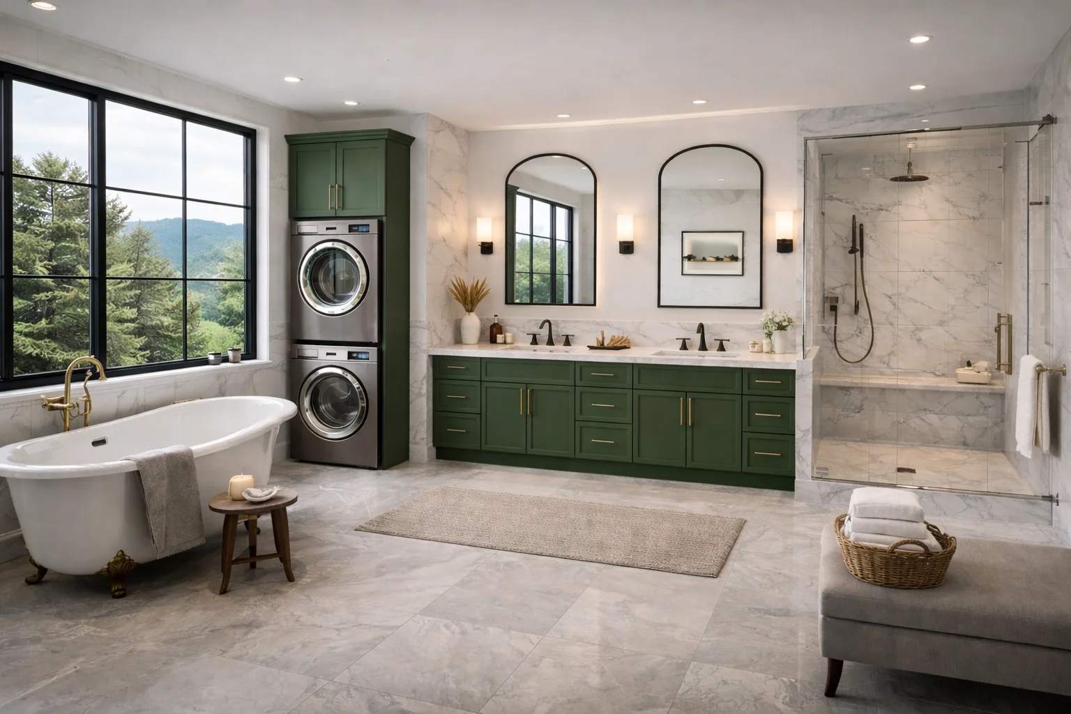 Bright modern bathroom featuring a custom slim green double vanity with white countertops, an integrated tall cabinet housing a stacked washer and dryer, dual arched mirrors, a freestanding bathtub next to a large window, and a glass-enclosed walk-in shower.