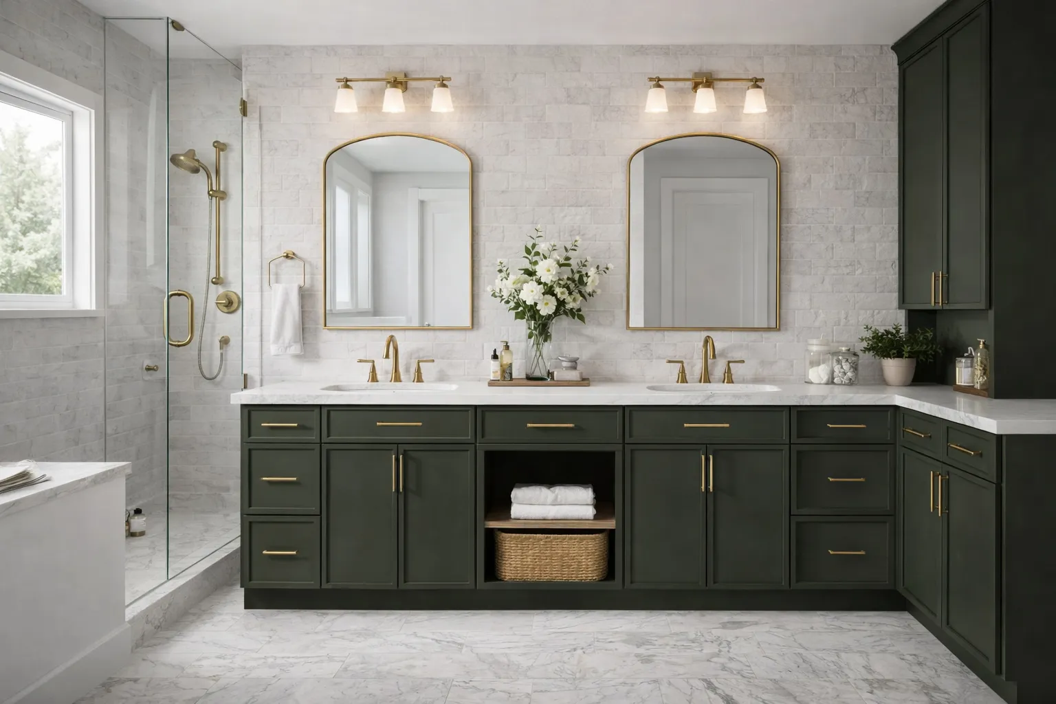Bright modern bathroom featuring a custom L-shaped slim green shaker double vanity with gold hardware, white countertops, dual arched mirrors, an integrated tall linen cabinet, and a glass-enclosed walk-in shower.