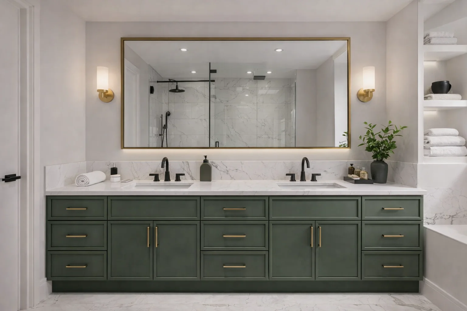 Bright modern bathroom featuring a custom slim green shaker double vanity with gold hardware, a white countertop, a large mirror, gold wall sconces, built-in white open shelving, and a glass-enclosed walk-in shower.