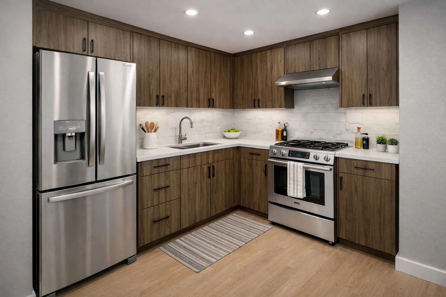 Modern kitchen featuring custom U-shaped walnut wood cabinets with a peninsula, white countertops, and a stainless steel range hood.