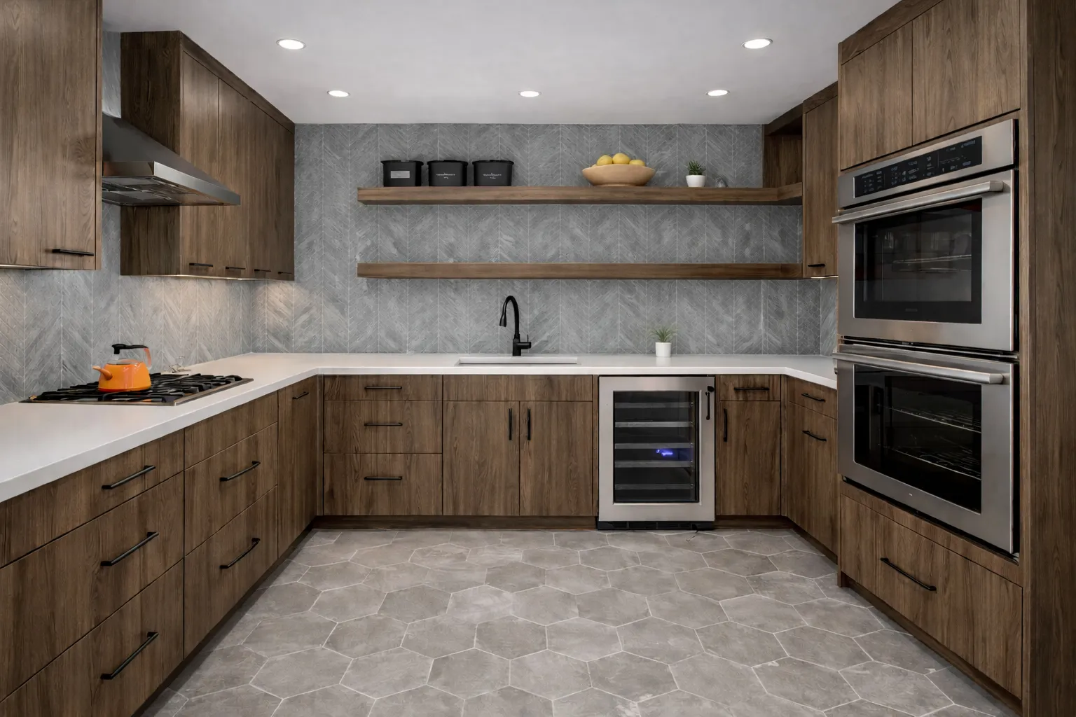 Modern kitchen featuring custom U-shaped walnut wood flat-panel cabinets, white countertops, and stainless steel appliances.