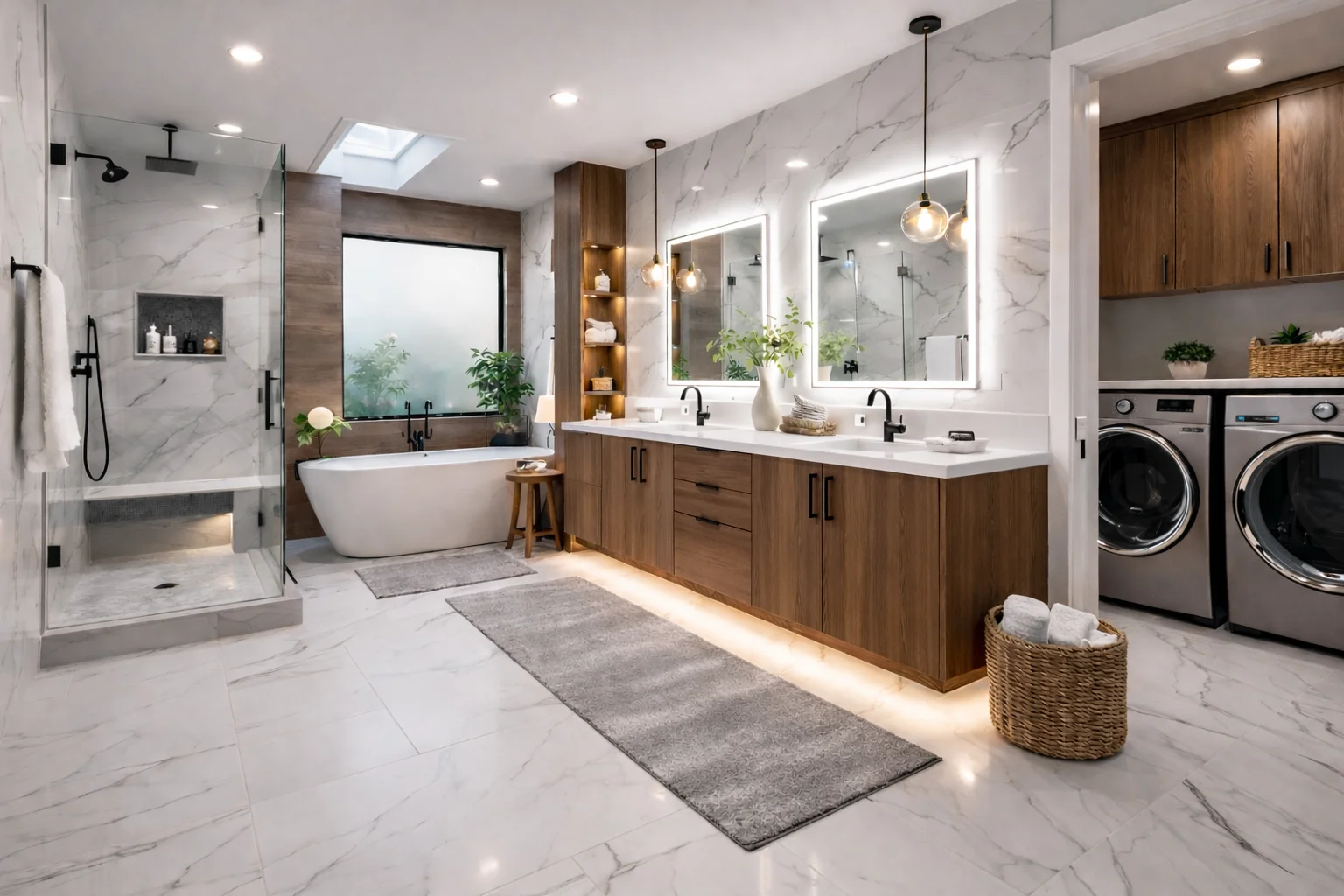 Spacious modern bathroom featuring a custom floating walnut double vanity with under-cabinet lighting, illuminated LED mirrors, a walk-in glass shower, a freestanding tub, and an integrated laundry area with matching walnut upper cabinets.
