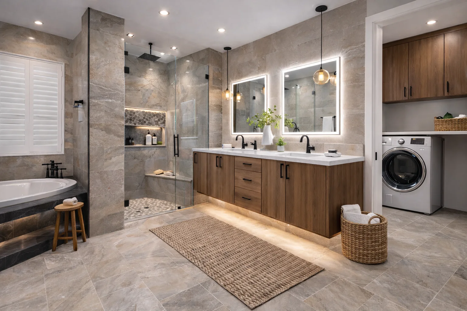Spacious modern bathroom featuring a floating custom walnut double-sink vanity, illuminated LED mirrors, a freestanding bathtub, a walk-in glass shower, and a connected laundry room with matching walnut upper cabinets.