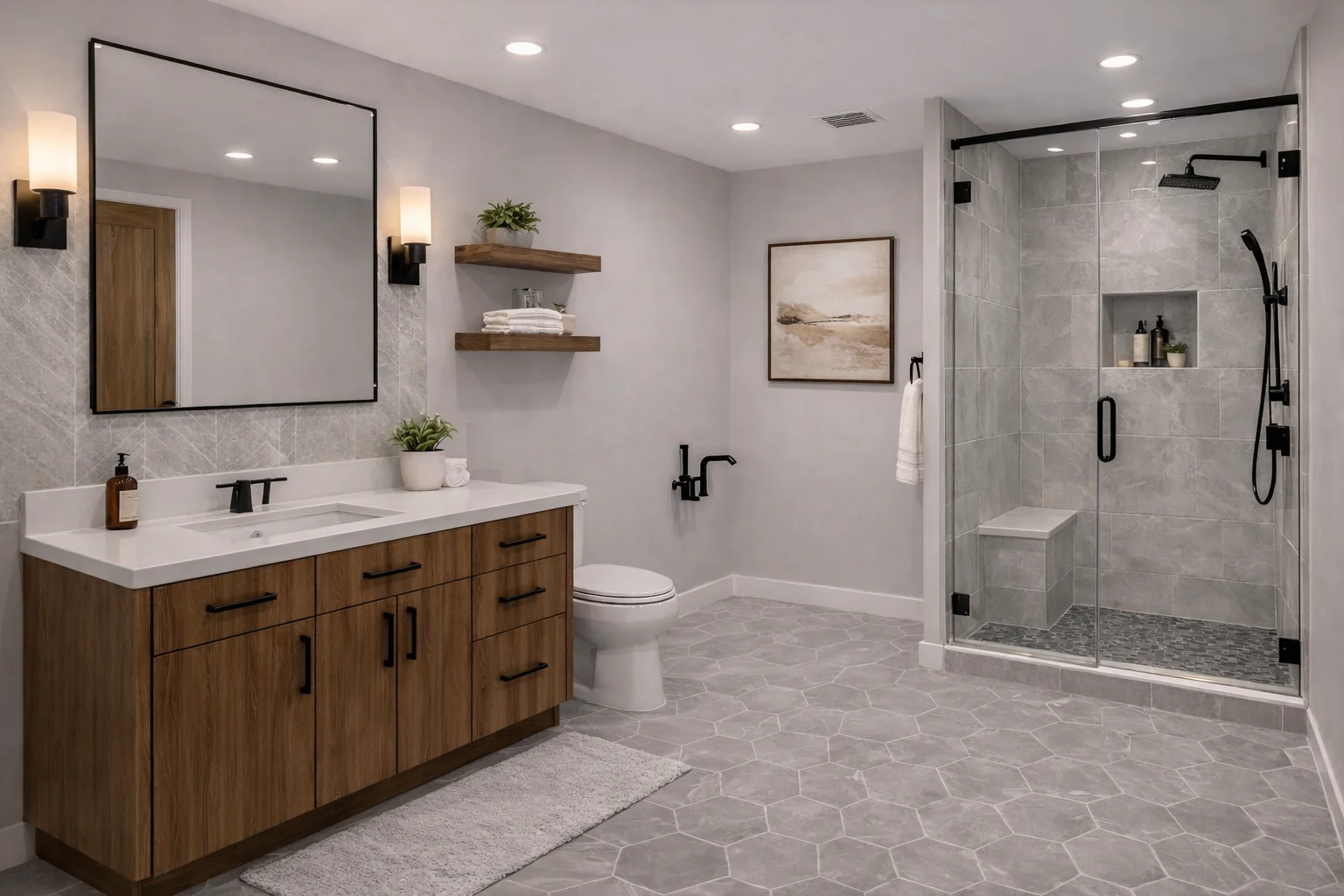 Modern bathroom featuring a custom walnut double-sink vanity with white countertops, dual mirrors, floating wood shelves, and a large glass-enclosed shower with gray tile.