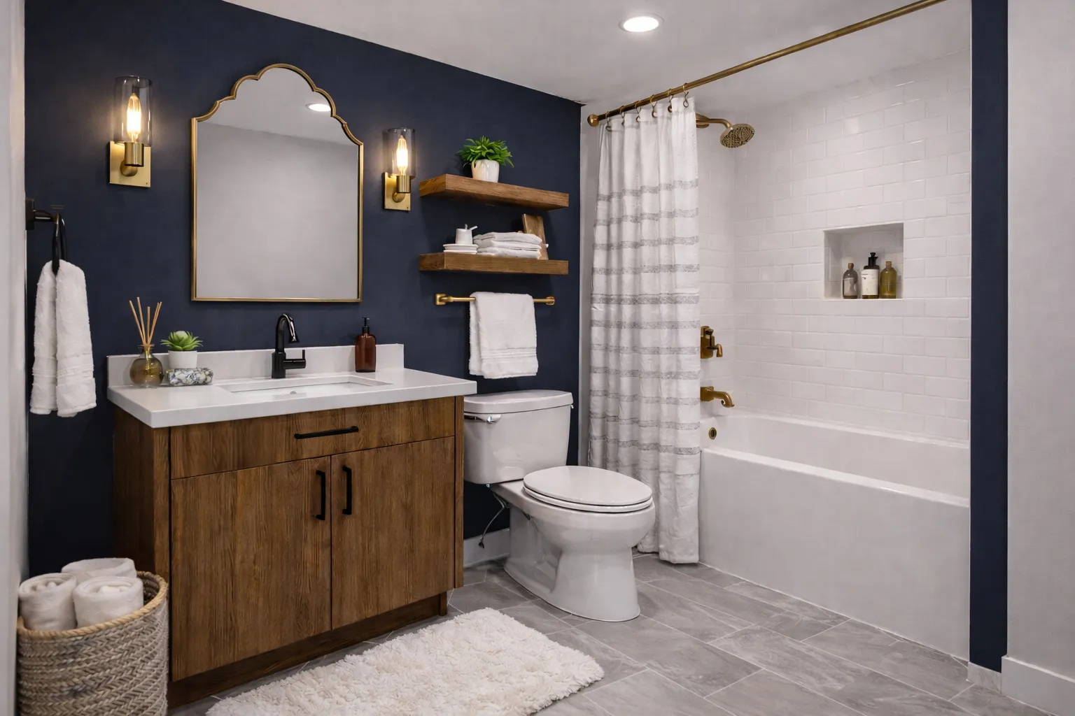 Modern bathroom featuring a custom walnut single-sink vanity with white countertops, brass fixtures, and floating wood shelves against a dark blue wall.