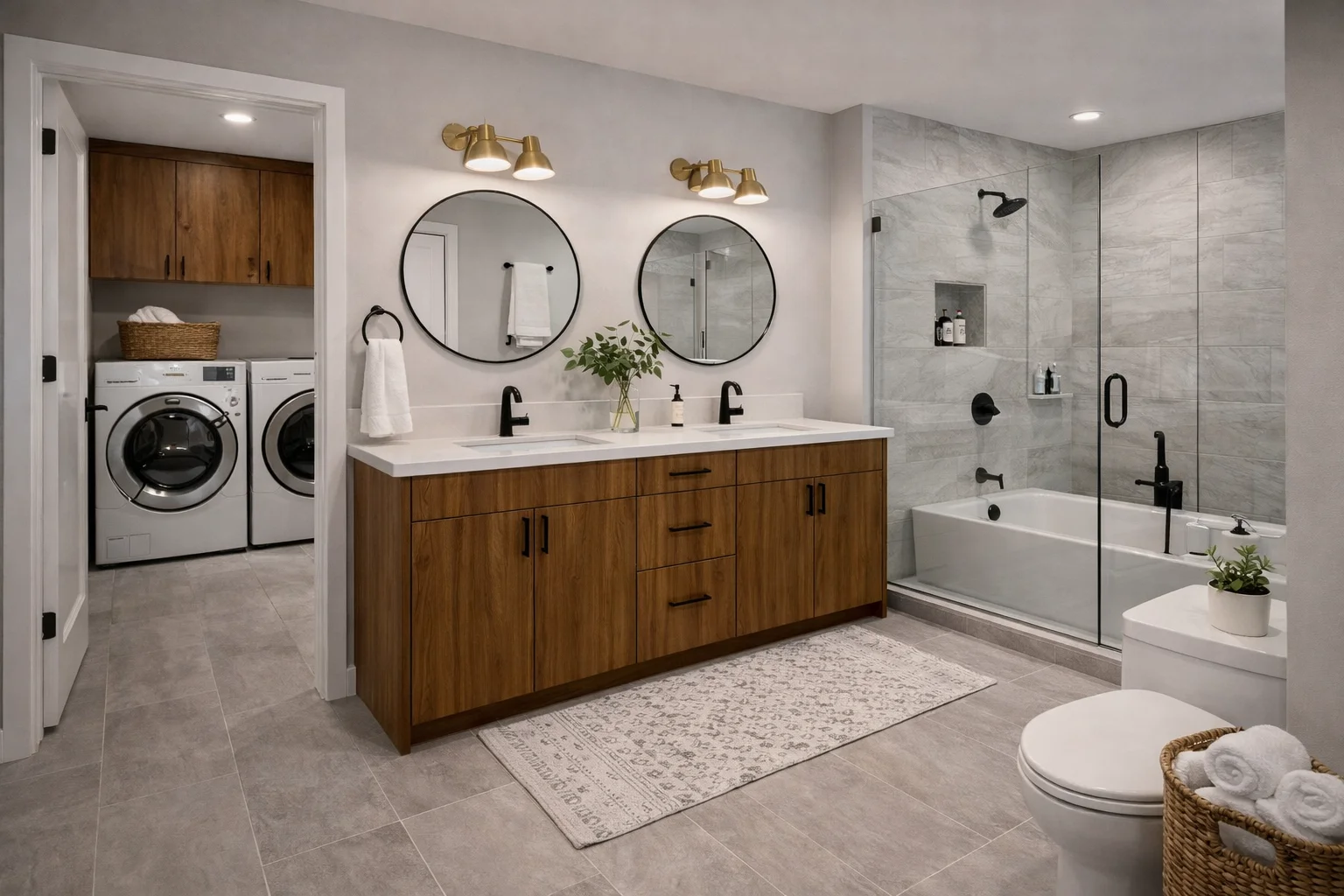 Custom walnut double-sink bathroom vanity with white quartz countertops and round black-framed mirrors in a modern Texas home.
