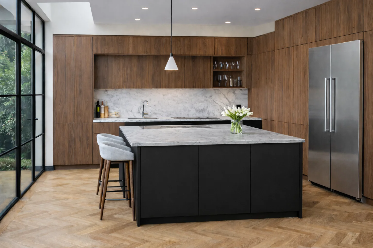 Modern kitchen featuring custom walnut flat-panel cabinetry, a large center island with white countertops, and wood flooring.