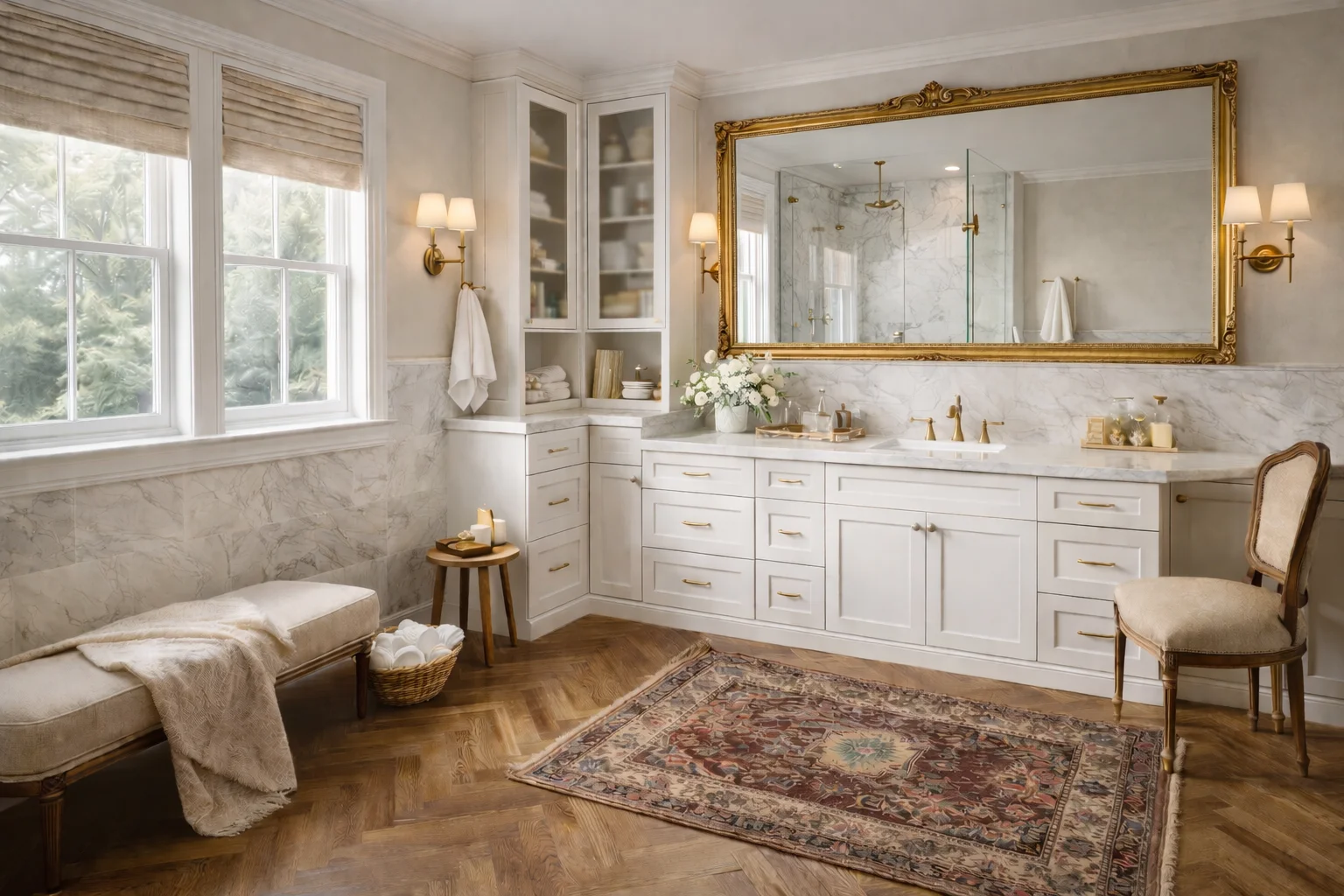 Elegant, spacious bathroom featuring a large custom white shaker single vanity with an integrated makeup desk, white marble countertops, a large gold-framed mirror, brass sconces, and wood herringbone floors.