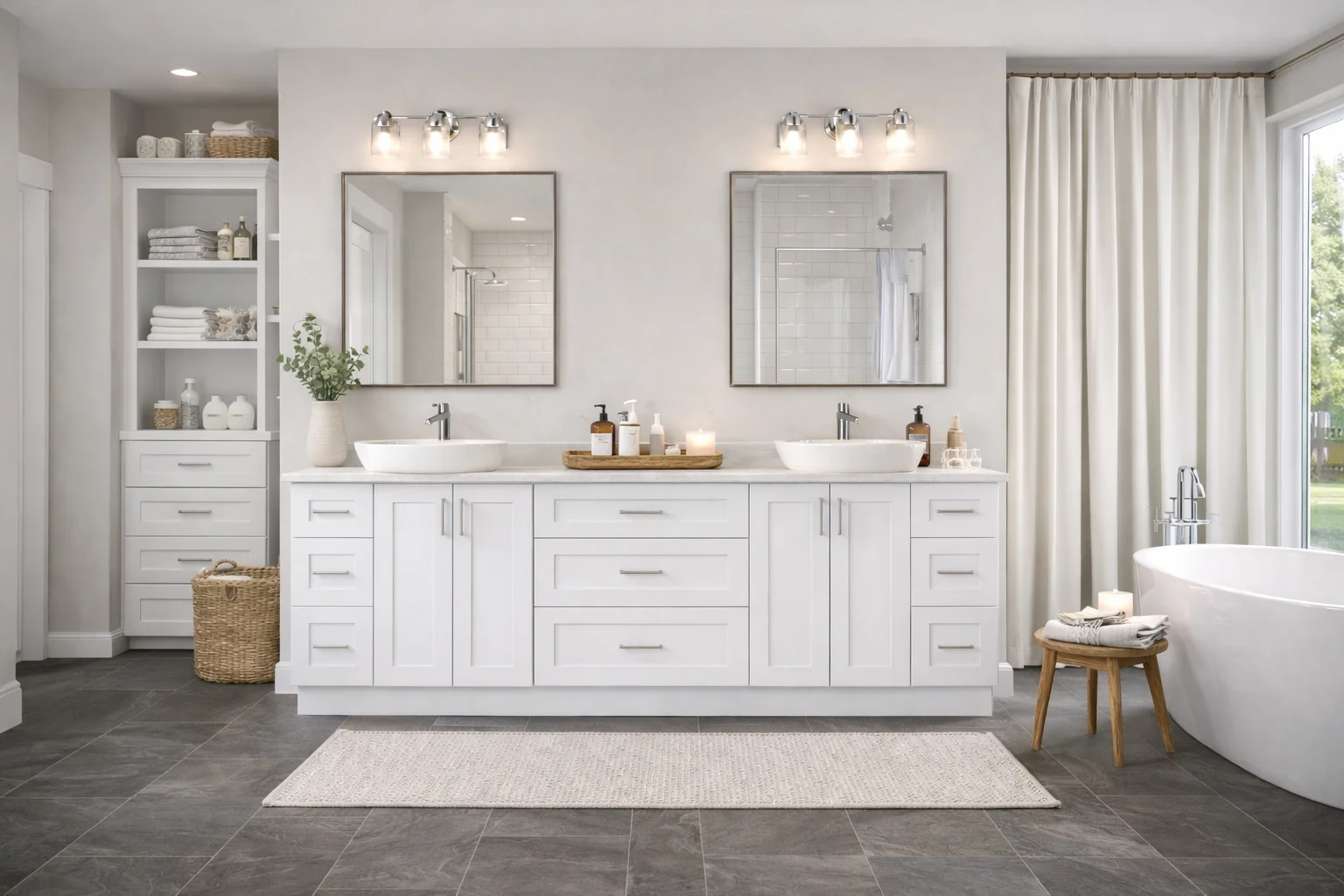 Spacious modern bathroom featuring dual custom white shaker vanities with glass-front upper cabinets, brass hardware, white countertops, and a centrally located freestanding bathtub beneath a large arched window.