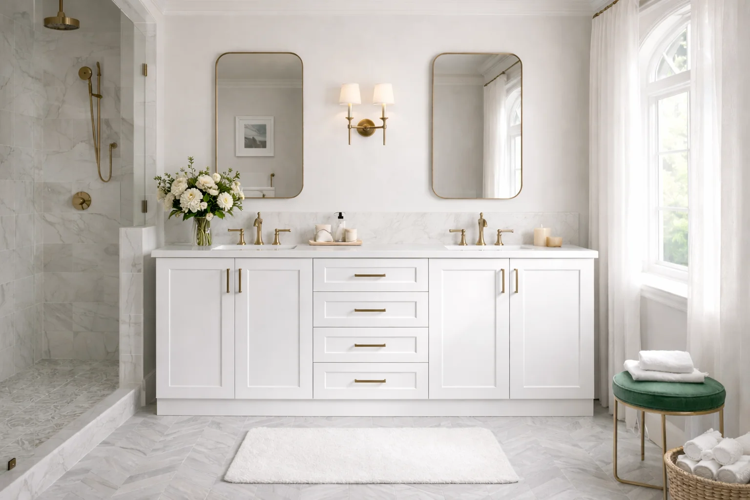 Spacious modern bathroom featuring dual custom white shaker vanities with glass-front upper cabinets, brass hardware, white countertops, and a centrally located freestanding bathtub beneath a large arched window.