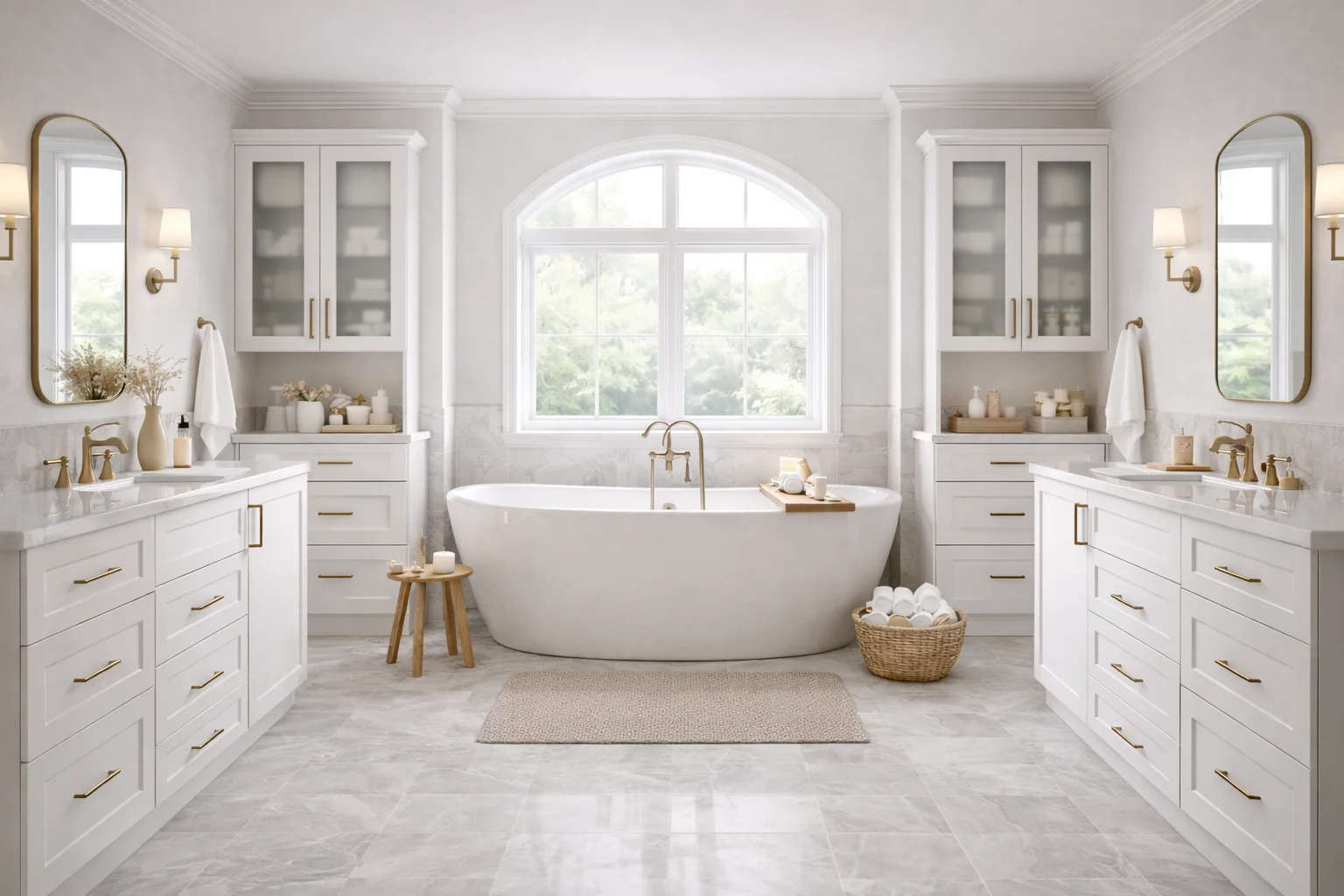 Spacious modern bathroom featuring dual custom white shaker vanities with glass-front upper cabinets, brass hardware, white countertops, and a centrally located freestanding bathtub beneath a large arched window.