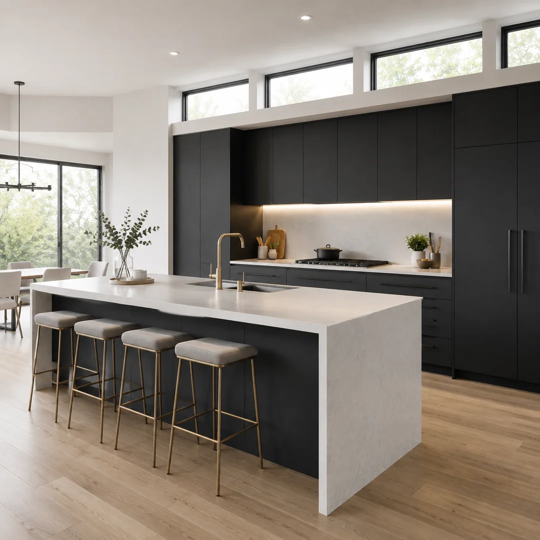 Bright contemporary kitchen featuring matte black European frameless cabinets.