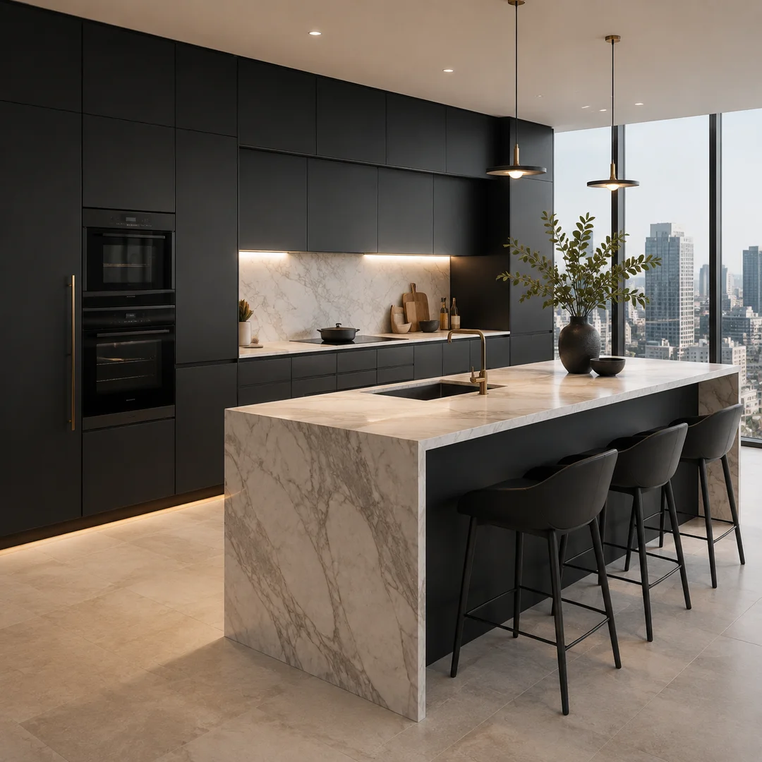 Luxury penthouse kitchen accented with modern matte black frameless cabinetry.