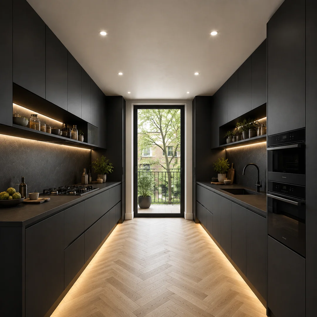 Urban galley kitchen featuring sleek matte black European frameless cabinets.