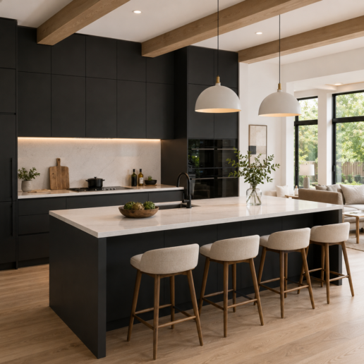 Open plan family kitchen showcasing matte black frameless cabinets.