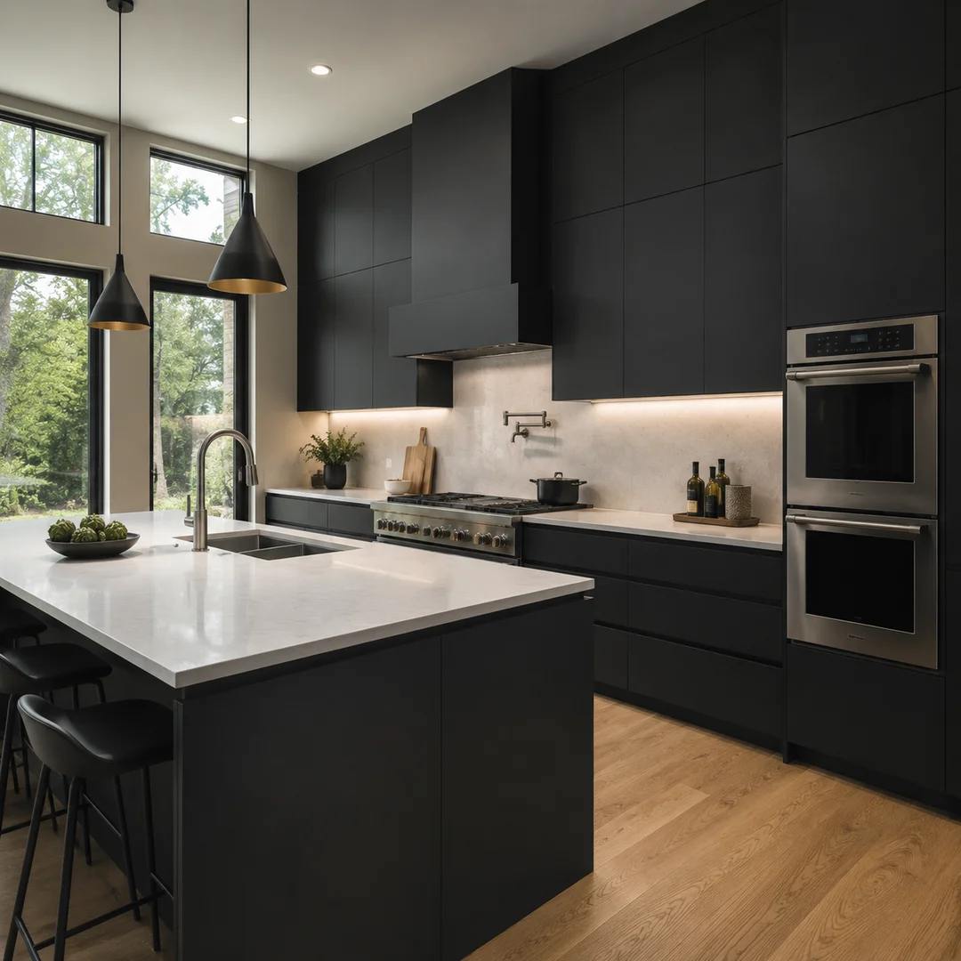 Professional chef's kitchen designed with modern matte black European frameless cabinetry.