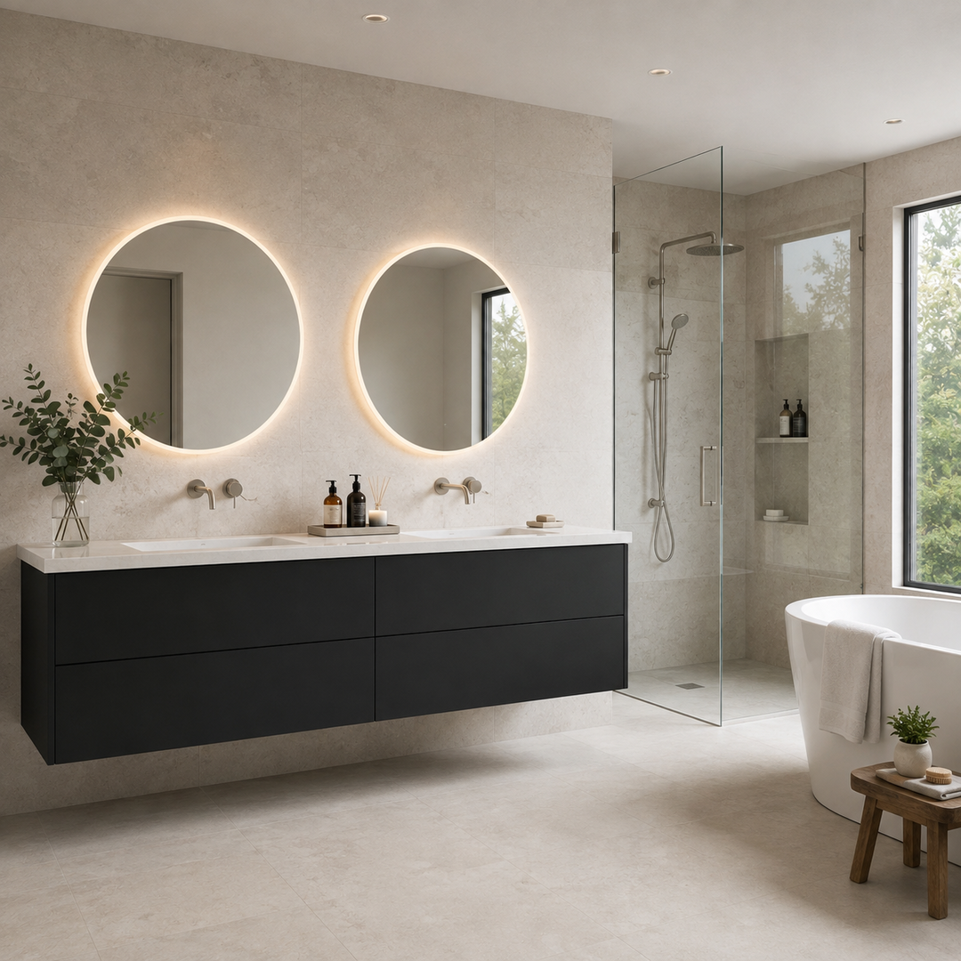 Spa-style bathroom featuring a matte black frameless double vanity.