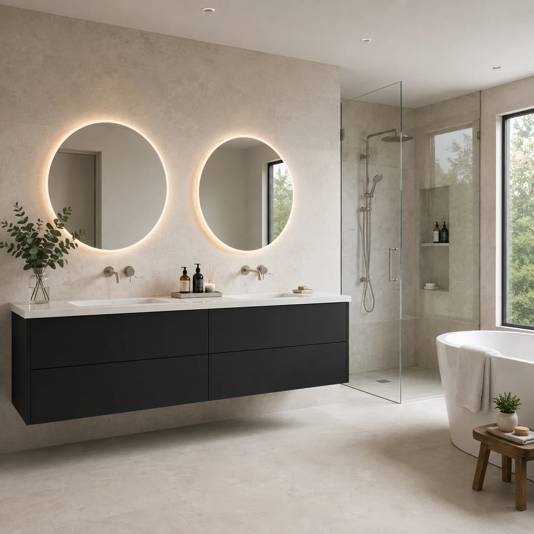 Spa-style bathroom featuring a matte black frameless double vanity.
