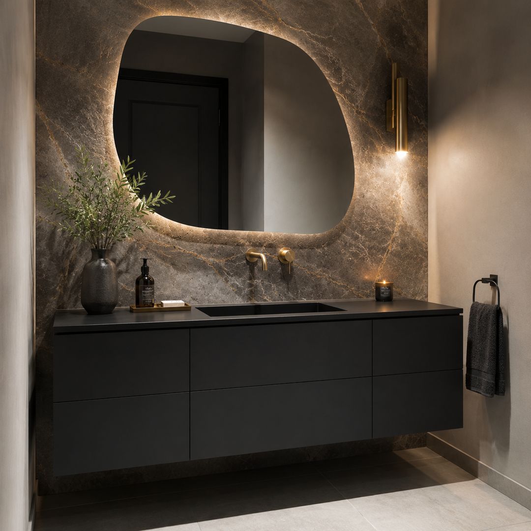 Luxury powder room with a modern matte black European frameless vanity.
