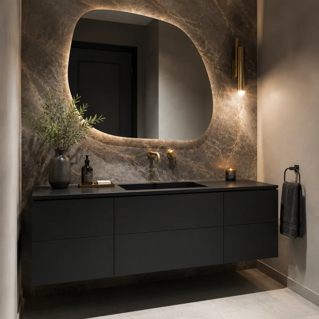 Luxury powder room with a modern matte black European frameless vanity.