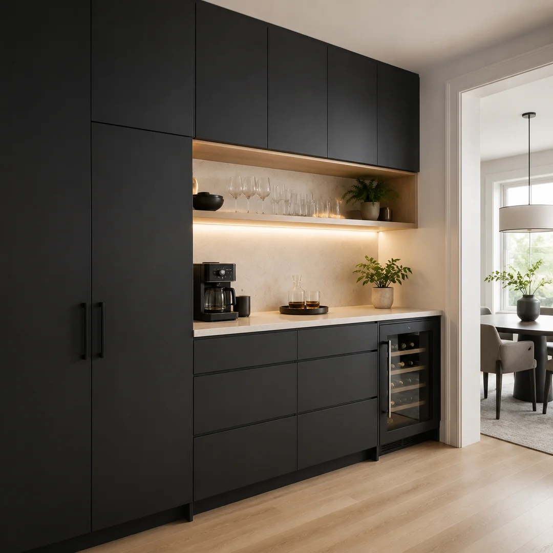 Butler's pantry and beverage bar featuring sleek matte black frameless cabinets.