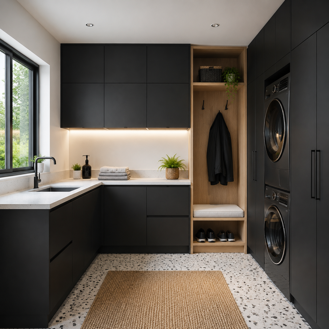 Functional laundry room and mudroom equipped with matte black European frameless cabinets.