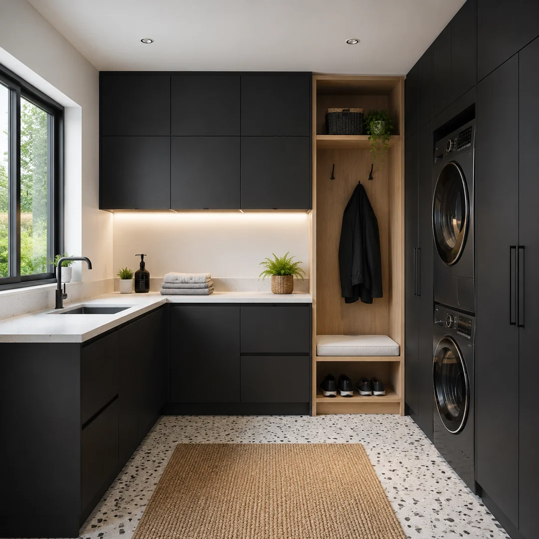 Functional laundry room and mudroom equipped with matte black European frameless cabinets.