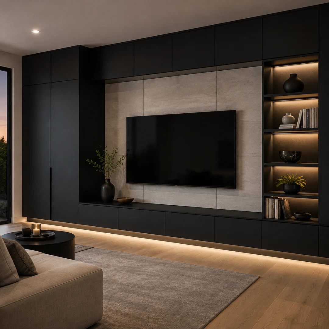 Modern media lounge featuring built-in matte black European frameless cabinetry.