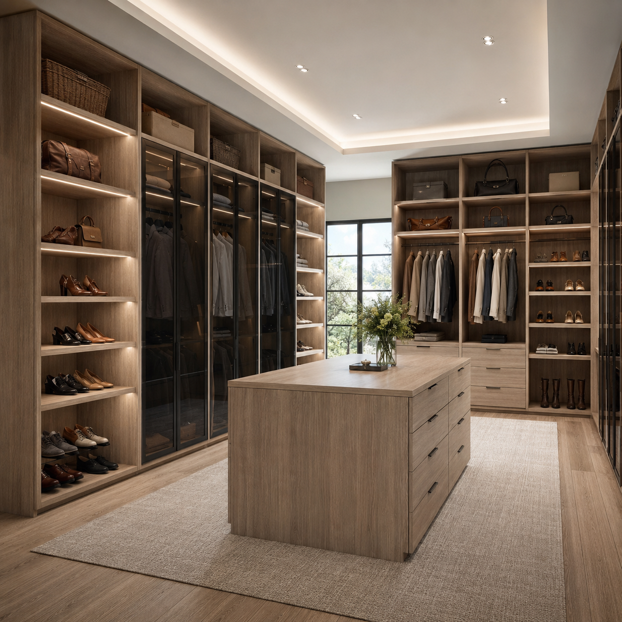 Luxury custom closet featuring dark wood cabinetry, a central closet island dresser, glass display shelves, and integrated warm LED lighting.