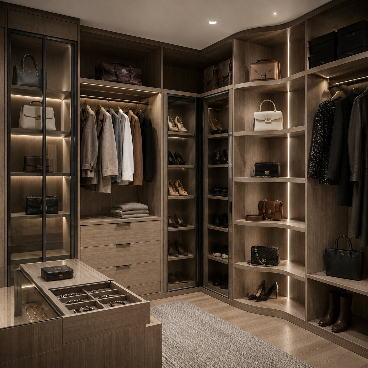 Modern walk-in closet organizer featuring custom built-in cabinetry, warm LED backlit shelves, and hanging storage sections.