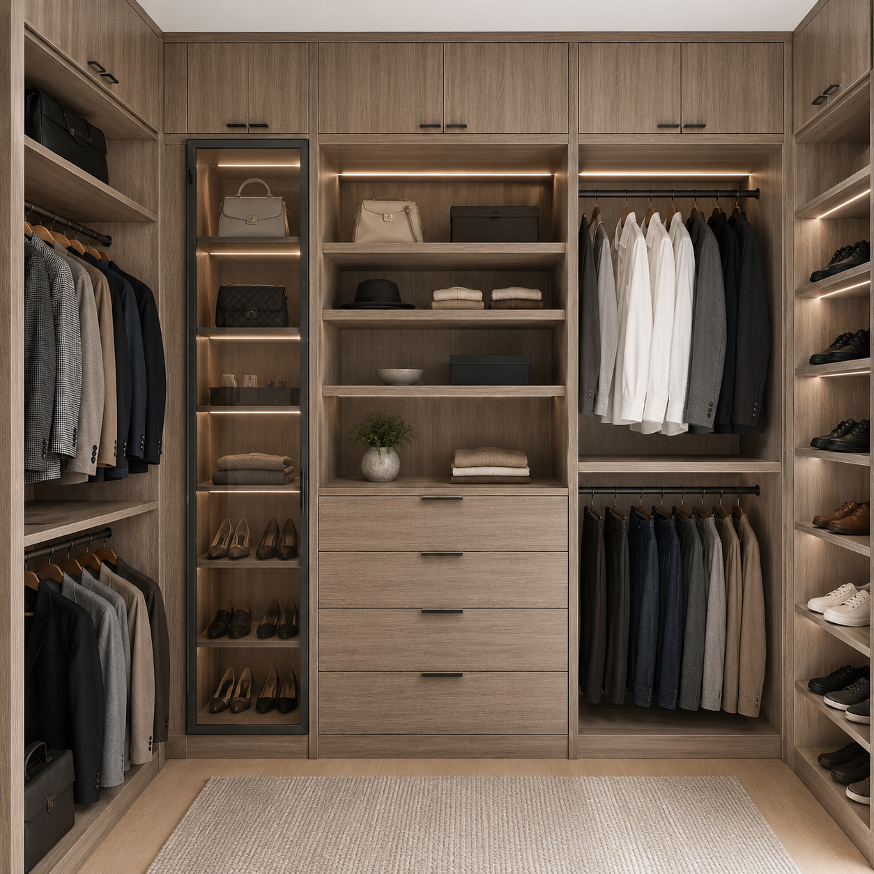 Custom master walk-in closet featuring Kansas Oak cabinetry, backlit glass display cases, open shoe shelves, and hanging space.