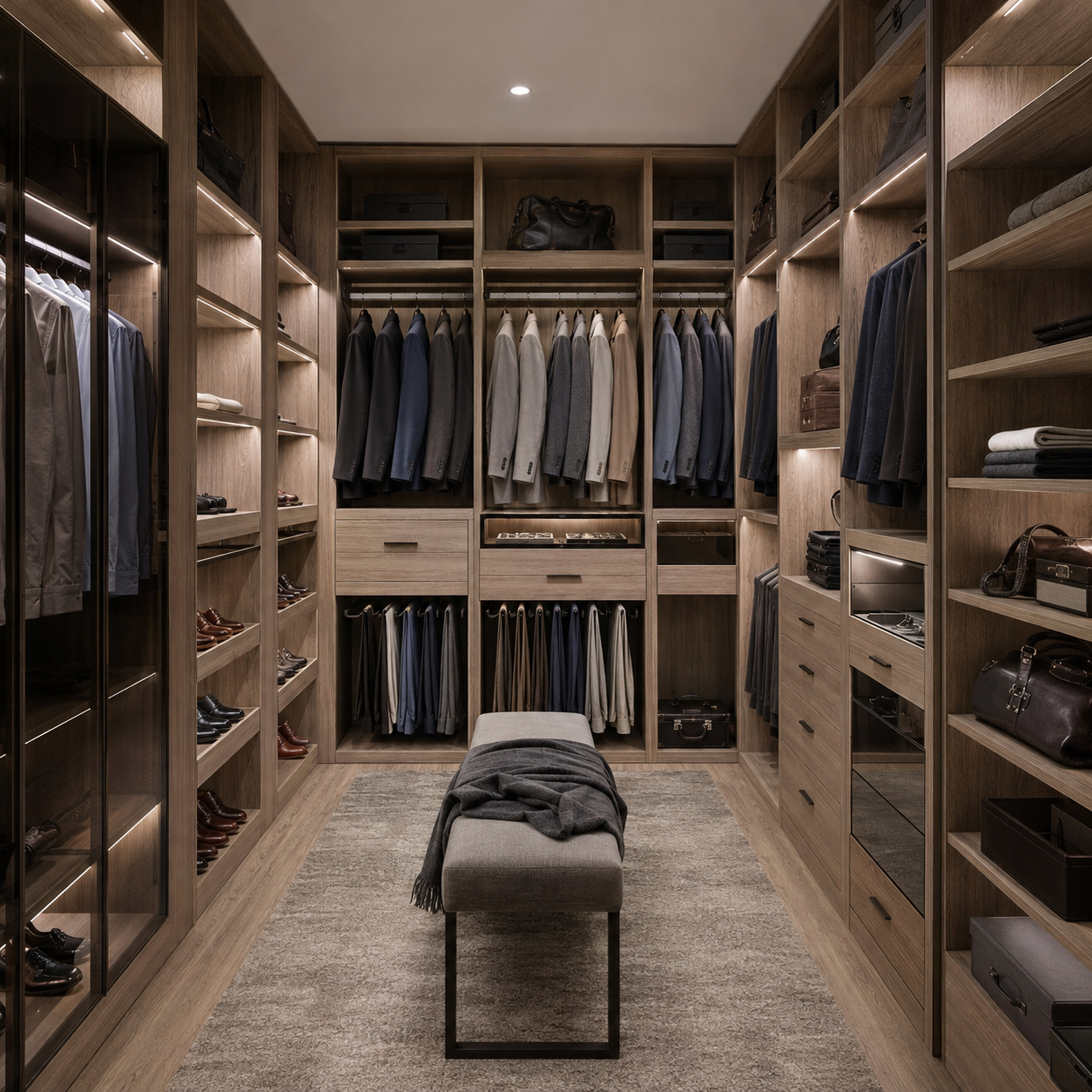 Spacious custom walk-in closet featuring light wood finish cabinetry, double hanging clothing rods, built-in drawer units, open shelving, integrated LED accent lighting, and a cushioned center seating bench.