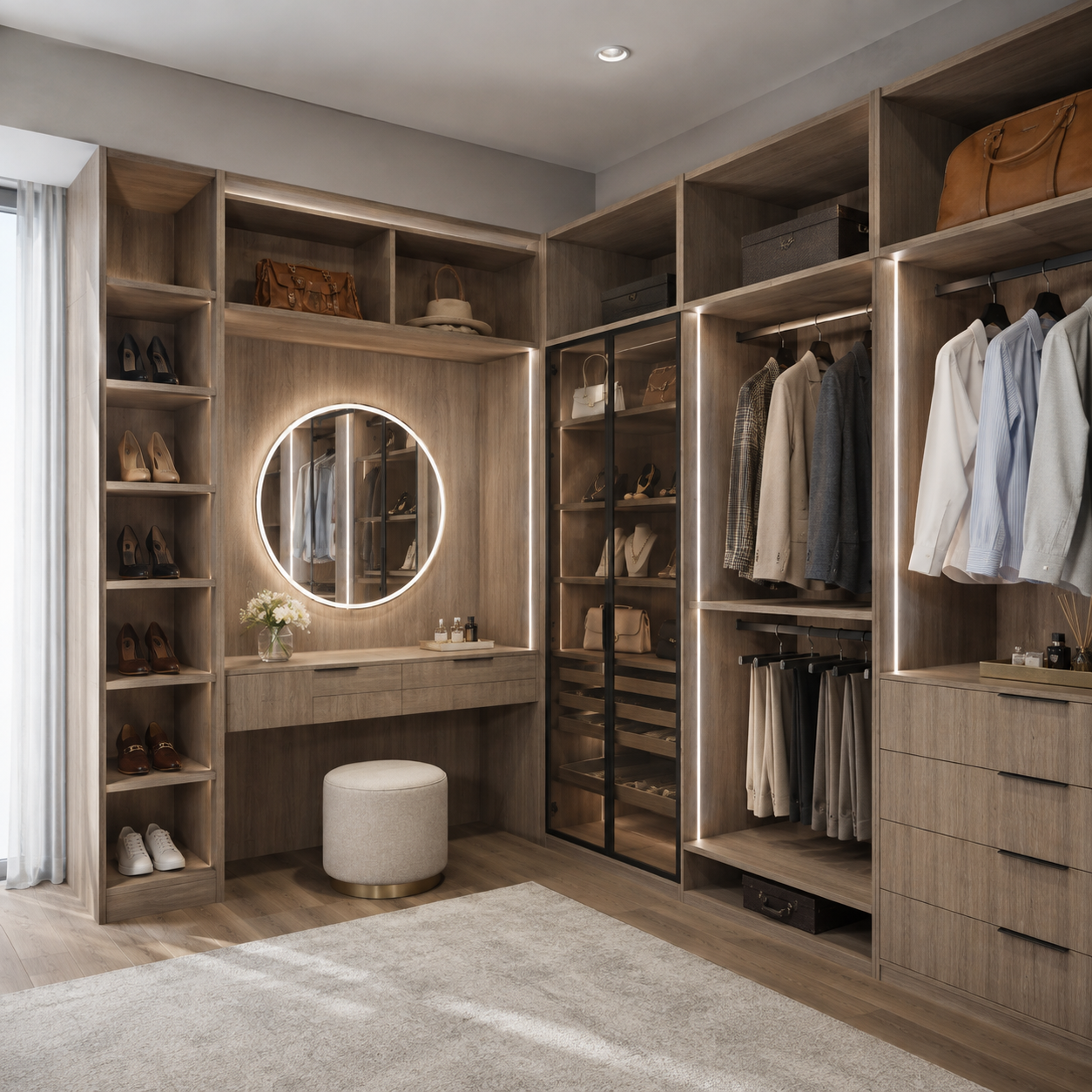 Luxury walk-in closet featuring light wood cabinetry, built-in clothing rods, shoe shelving, glass display cases, integrated LED lighting, and a makeup vanity with an illuminated round mirror.