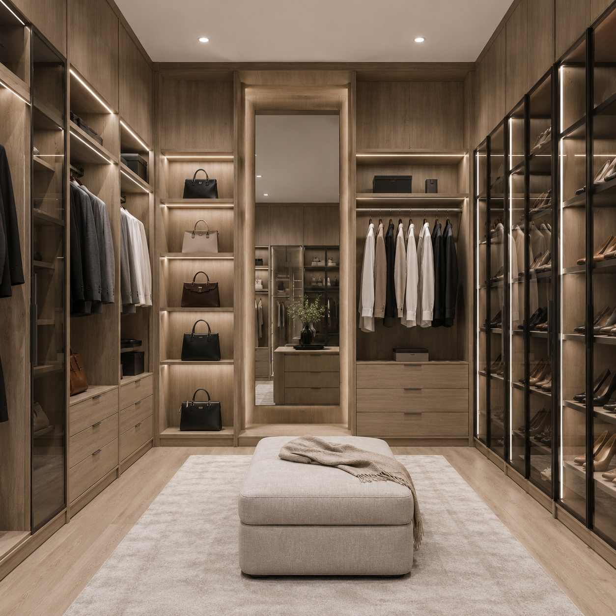 Spacious walk-in closet featuring Kansas Oak custom cabinetry, built-in shoe shelving, double-tier clothing rods, and soft LED accent lighting.