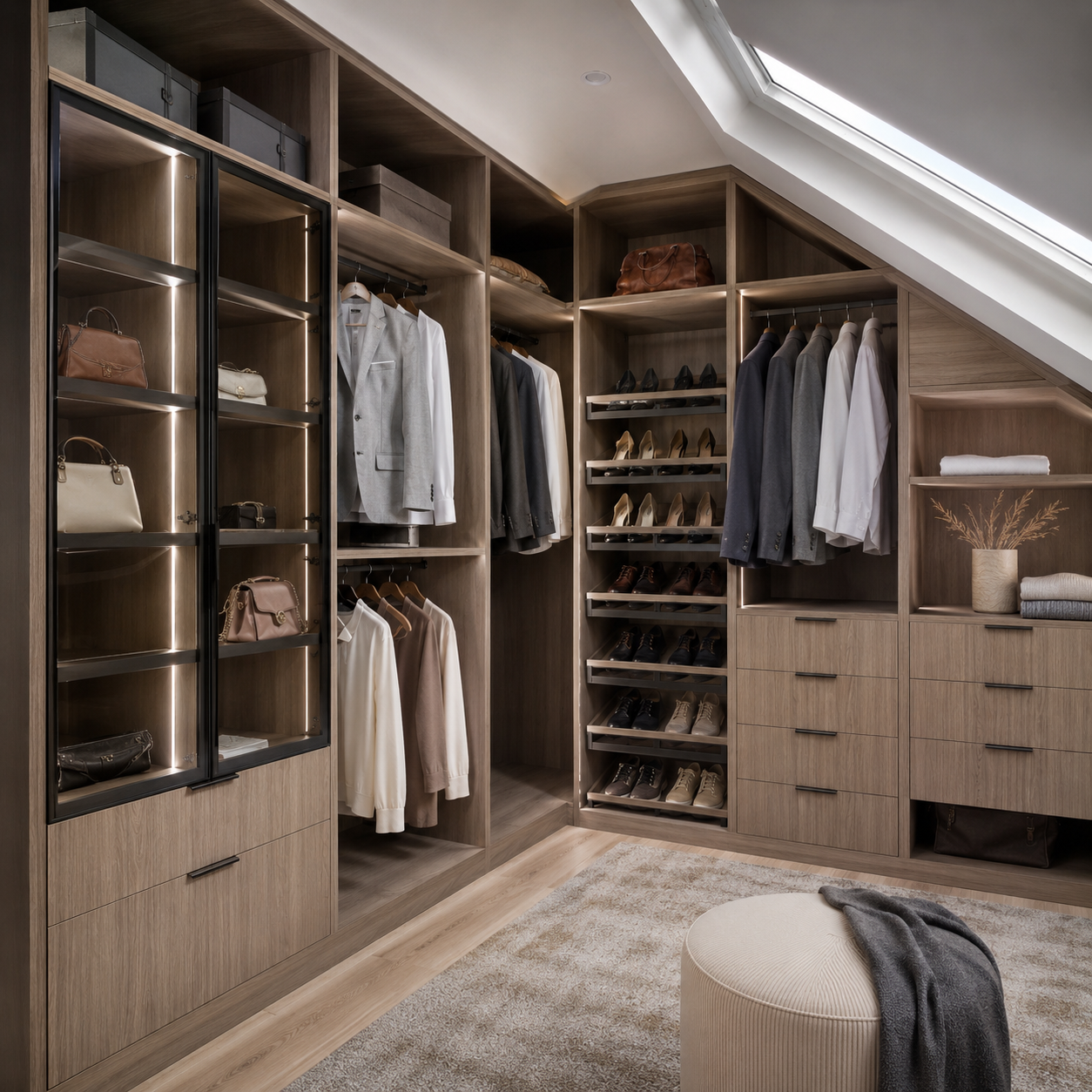 Custom walk-in closet under a sloped attic ceiling featuring dark wood built-ins, open shoe shelving, hanging space, and integrated shelf lighting.