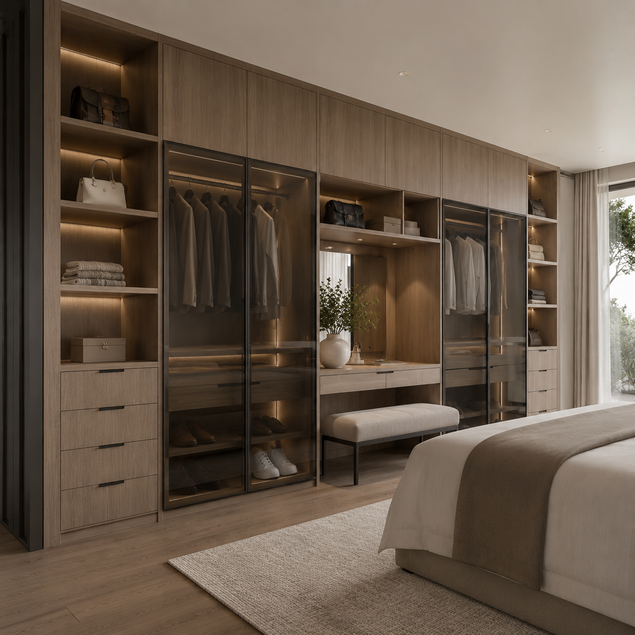 Luxury custom closet featuring dark wood cabinetry, a central closet island dresser, glass display shelves, and integrated warm LED lighting.