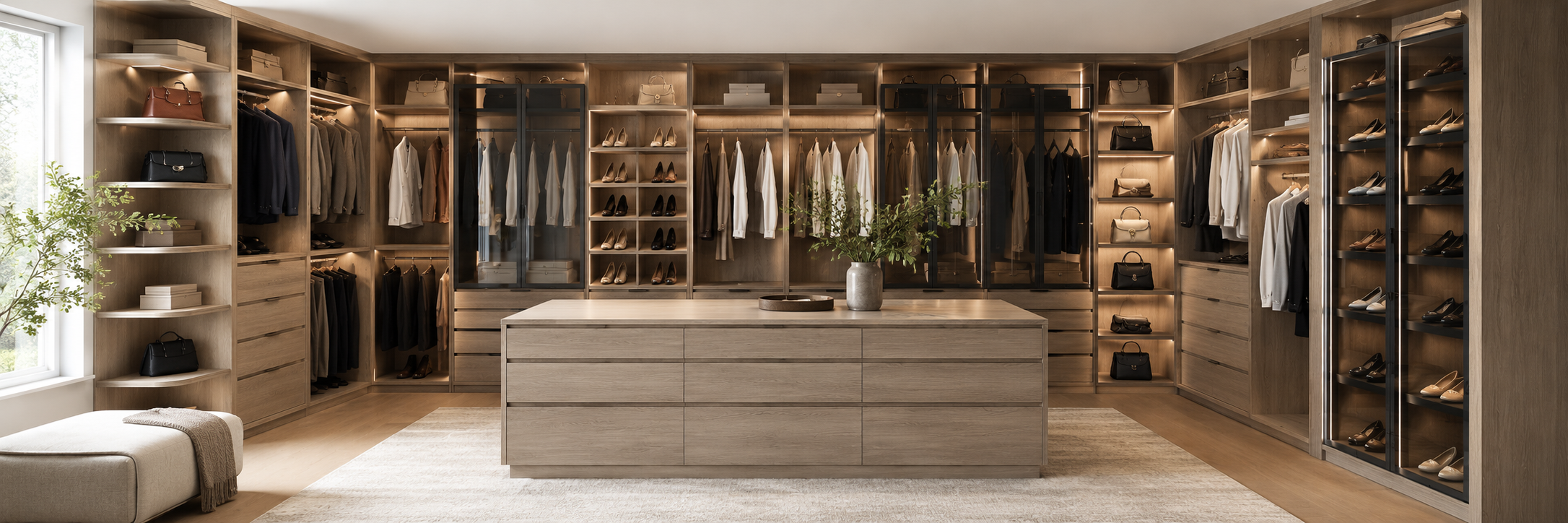 Custom walk-in closet system crafted in warm Kansas Oak wood grain, featuring double hanging rods, shoe shelving, drawer storage, and built-in lighting.