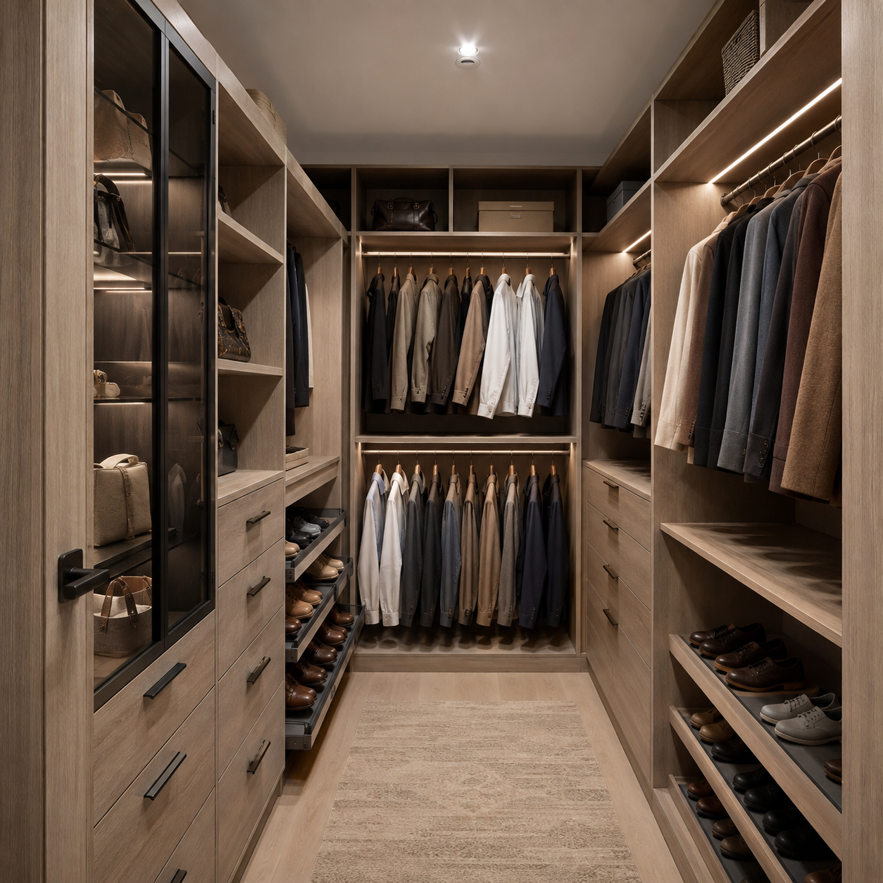 Spacious walk-in closet featuring Kansas Oak custom cabinetry, built-in shoe shelving, double-tier clothing rods, and soft LED accent lighting.