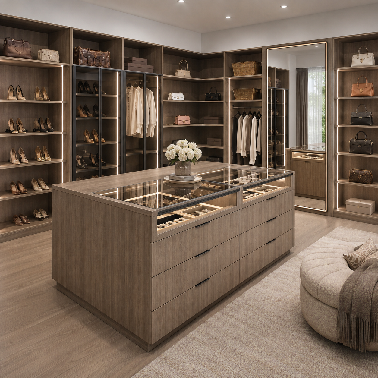 Spacious modern walk-in closet featuring custom built-in drawers, hanging rod organization, open shelving, integrated LED accent lighting, and a central ottoman seat.