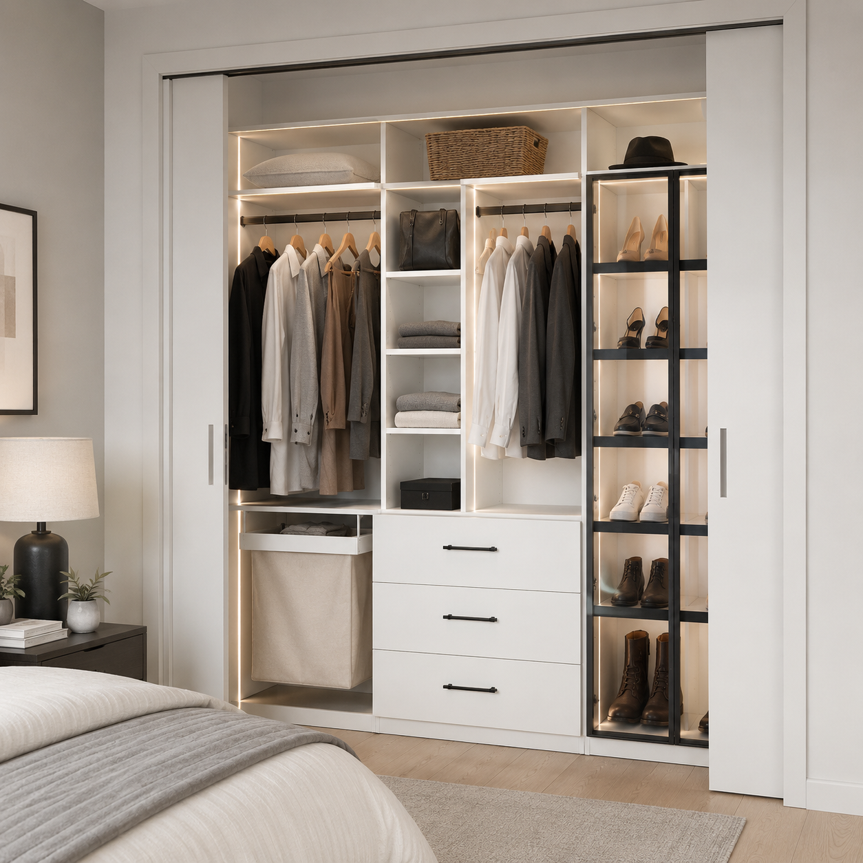 Modern white custom built-in bedroom closet featuring sliding doors, upper and lower hanging rods, open shelf cubbies, a laundry hamper drawer, built-in drawer stacks, and a dedicated backlit shoe display tower.