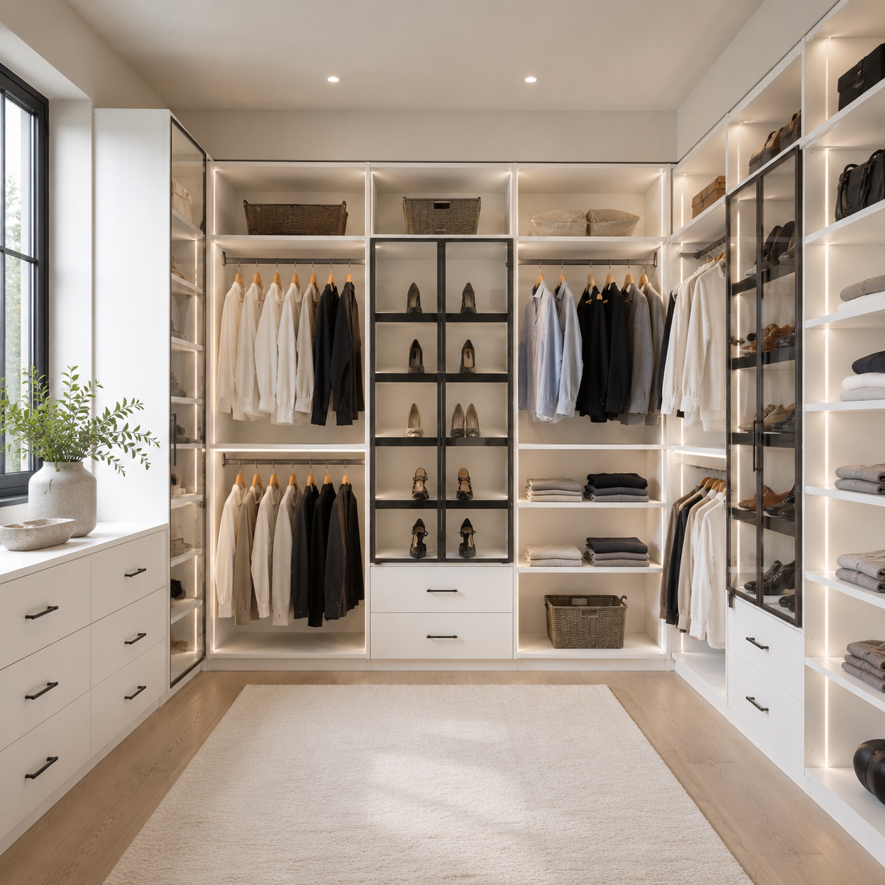 Luxury master walk-in closet in bright white featuring double-tier hanging racks, a central shoe cabinet with warm LED backlight, glass-door display sections, integrated lower drawer stacks, and a light area rug.