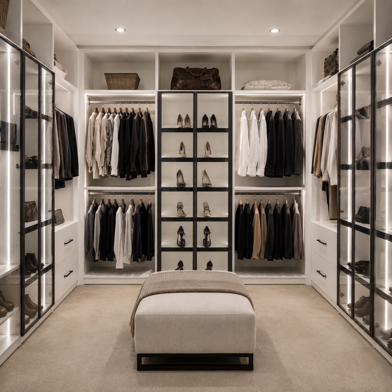 Luxury custom walk-in closet in bright white featuring double-tier hanging clothing rods, central black shoe display shelving, integrated warm LED lighting, glass display cabinets, and a padded center ottoman bench.