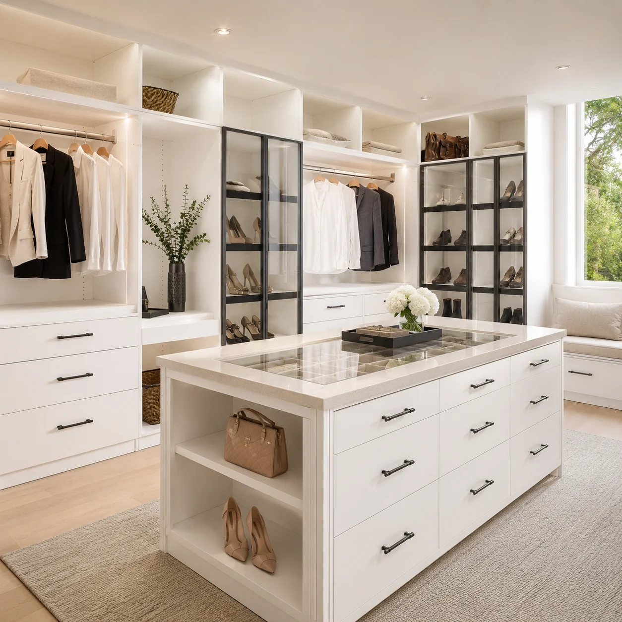 Luxury master walk-in closet in bright white featuring built-in drawer stacks, glass-front shoe display cases, integrated warm LED lighting, a window seating bench, and a central closet island dresser.